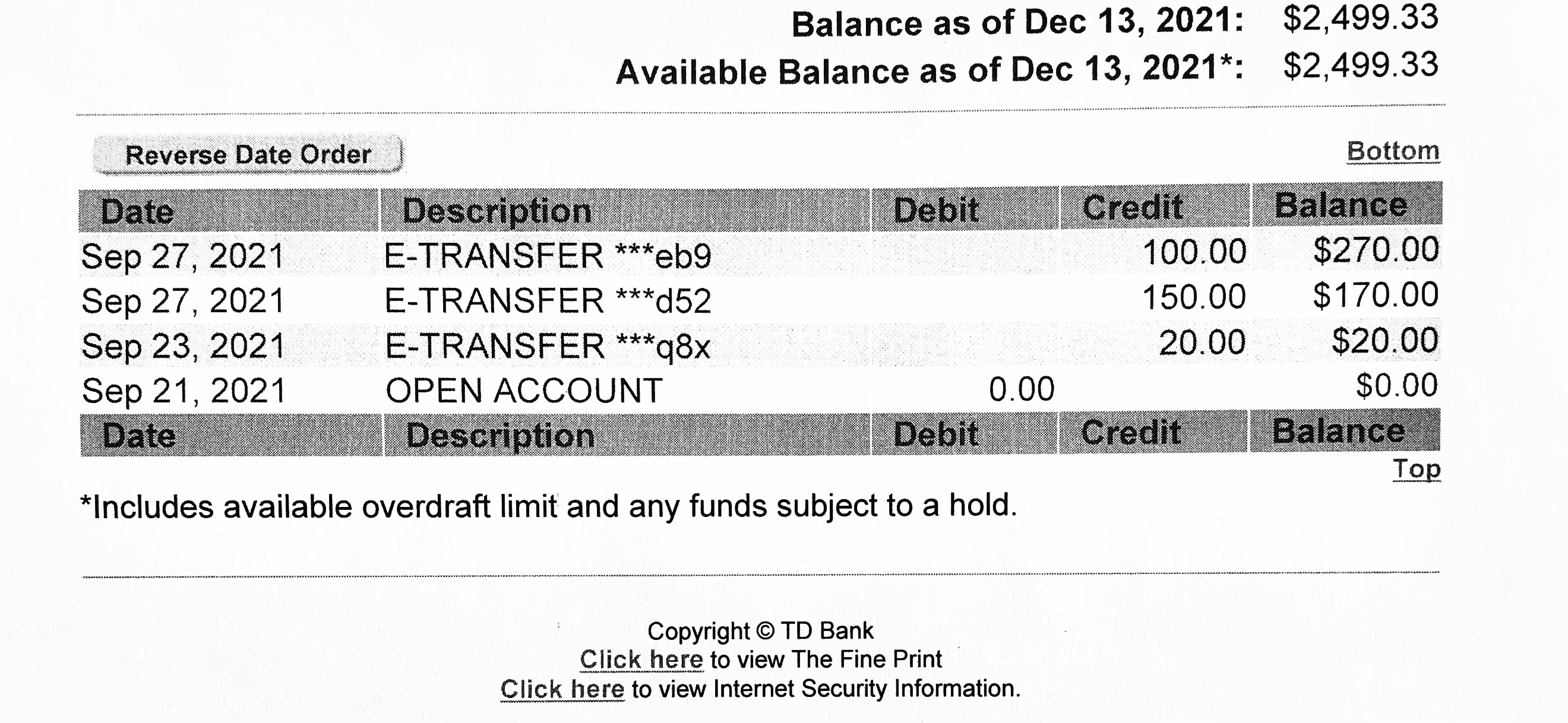 TD Bank statement showing donation e-transfers received